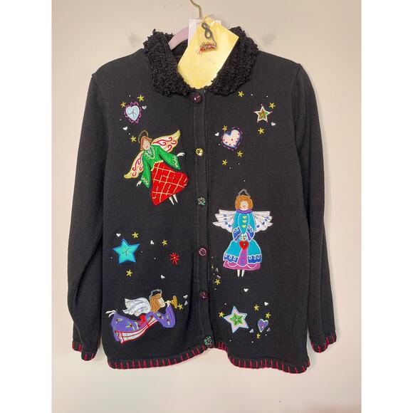 NWT 2000s Y2K Quacker Factory Christmas Angels Holiday Glam Sparkle Cardigan M - Picture 1 of 5